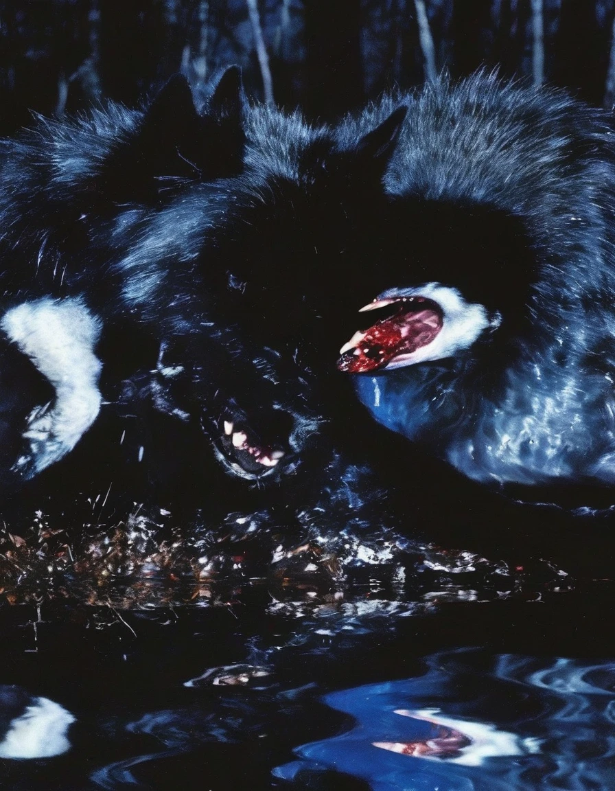 film photography, vintage, close up photo of black wolf eating white swan covered in blood in black water, blue dark forest night background