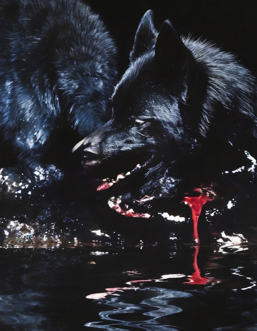 film photography, vintage, close up photo of black wolf eating white swan covered in blood in black water, blue dark forest night background