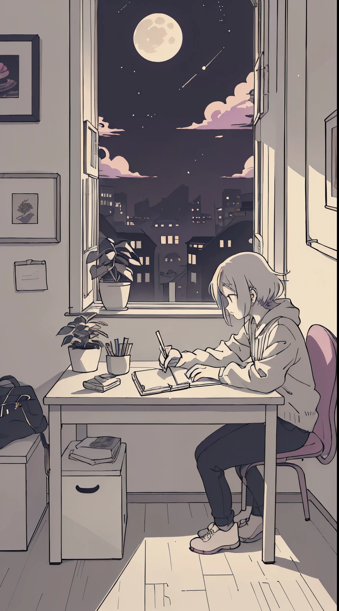 (masutepiece:1.5, Best Quality:1.5), ((Vaporwave Style, partially coloring)),In a cozy apartment, Girl studying diligently at desk alone,dim room,Stylish warm lighting, Coffee on the desk,I can see the moon from the window,Room decorated with plants