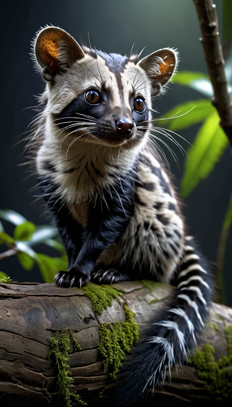 Looks like a civet cat,The hair on the head is very long,Mysterious Creatures, shrike, (best quality,4K,8K,High level,masterpiece:1.2),Ultra Detailed,(lifelike,Photo real,Photo real:1.37),Highly detailed animals,Complex patterns,Realistic lighting,Fantasy Creatures