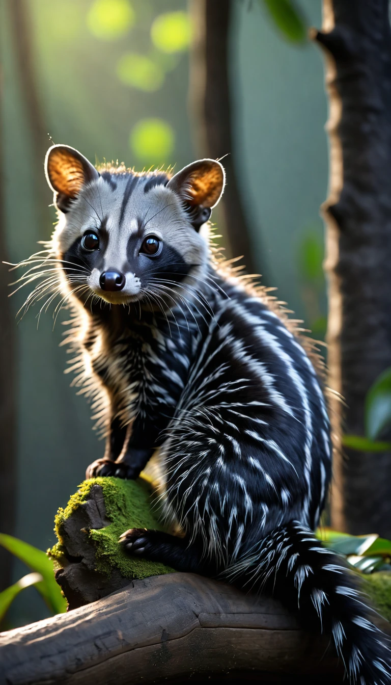 Looks like a civet cat，The hair on the head is very long，Mysterious Creatures, shrike, (best quality，4K，8K，High level，masterpiece：1.2），Ultra Detailed，（lifelike，Photo real，Photo real：1.37），Highly detailed animals，Complex patterns，Realistic lighting，Fantasy Creatures