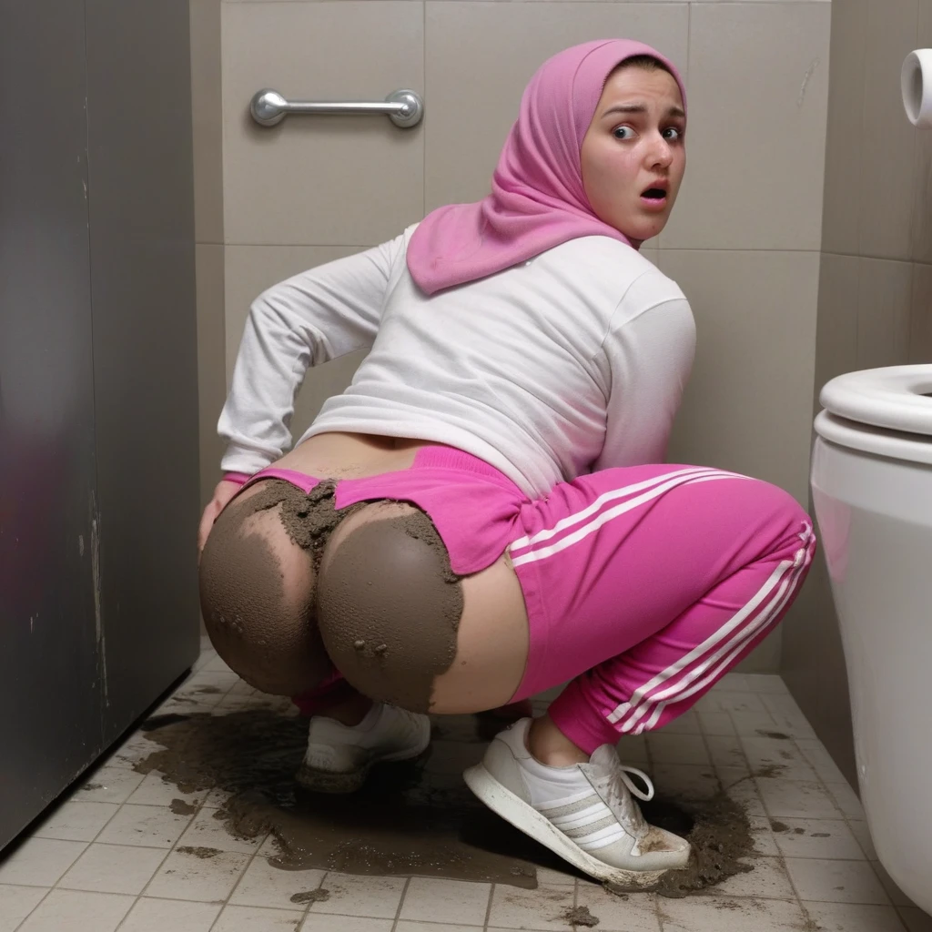 Ultra-realistic, 4k, 1girl, hot cute face, pretty face, cute eyes, chubby body, wearing pink hijab, pink adidas sweatpants, tight long sleeve sports white tshirt, white sneakers, nervous facial expressions, very sweaty, both hands on ass, in dirty dark public toilet, near the toilet, dirty toilet walls, dirty toilet floor, dirty toilet, dirty clothes, sweaty clothes, (((make the whole image filthy and dirty))), (((mud on the floor and mud overflowing from toilet bowl))), stinky atmosphere, filthy atmosphere, mud everywhere, mud on face, mud on pants, disgusting toilet,