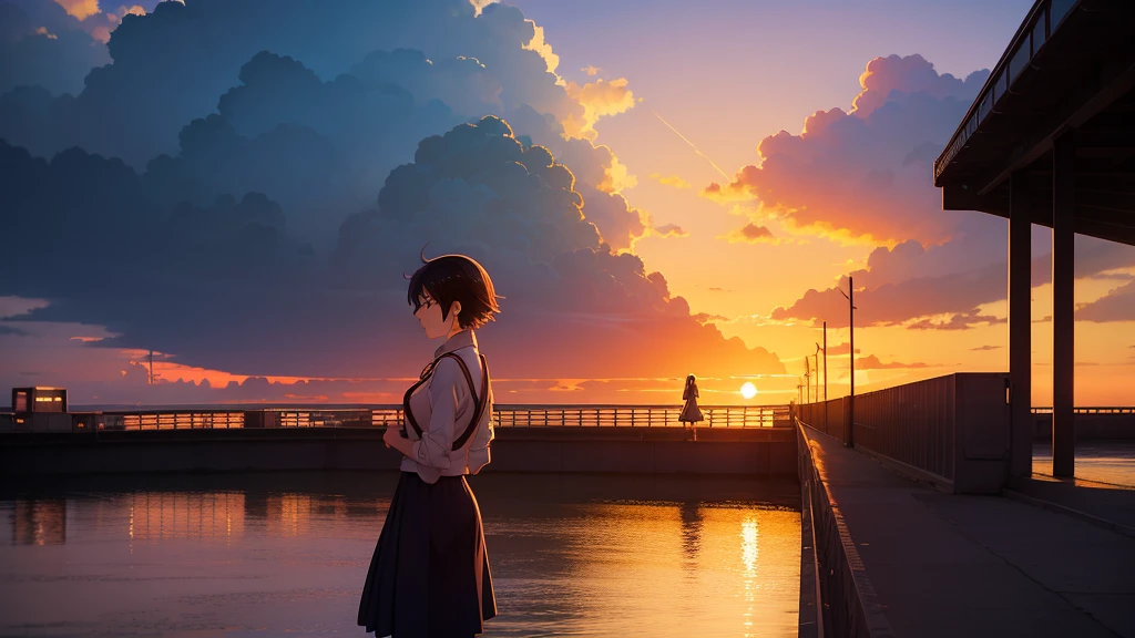 Anime girl watching the sunset on a bridge, Girl relaxing，Bridge over the canal, Girl in uniform, silhouette, Orange sunset sky, Makoto Shinkai style, Makoto Shinkai style, 2D