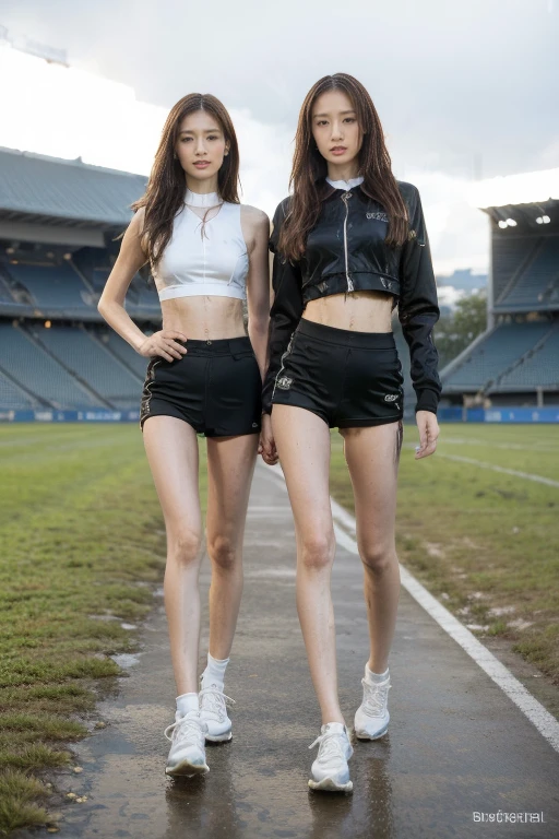 (8K, 4K, best quality, high resolution: 1.2), (Master, Practical, Photorealism: 1.4), Dark Fantasy, Night，Portrait of emb-haiz, 2 female students，Pretty Face, (Delicate face), (((Delicate eyes))) ，blonde，Perfect body，Stylish long hair，Stadium at night，Long-range shooting，They were wearing track and field uniforms.，Track and field shorts， Strong abs，Slender long legs，sports shoes，Two schoolgirls walking in the stadium，Huge stadium in the background，Dramatic Lighting, (Wet ground:1.2).Practical, Very detailed, HD, Gothic style,Back to the audience