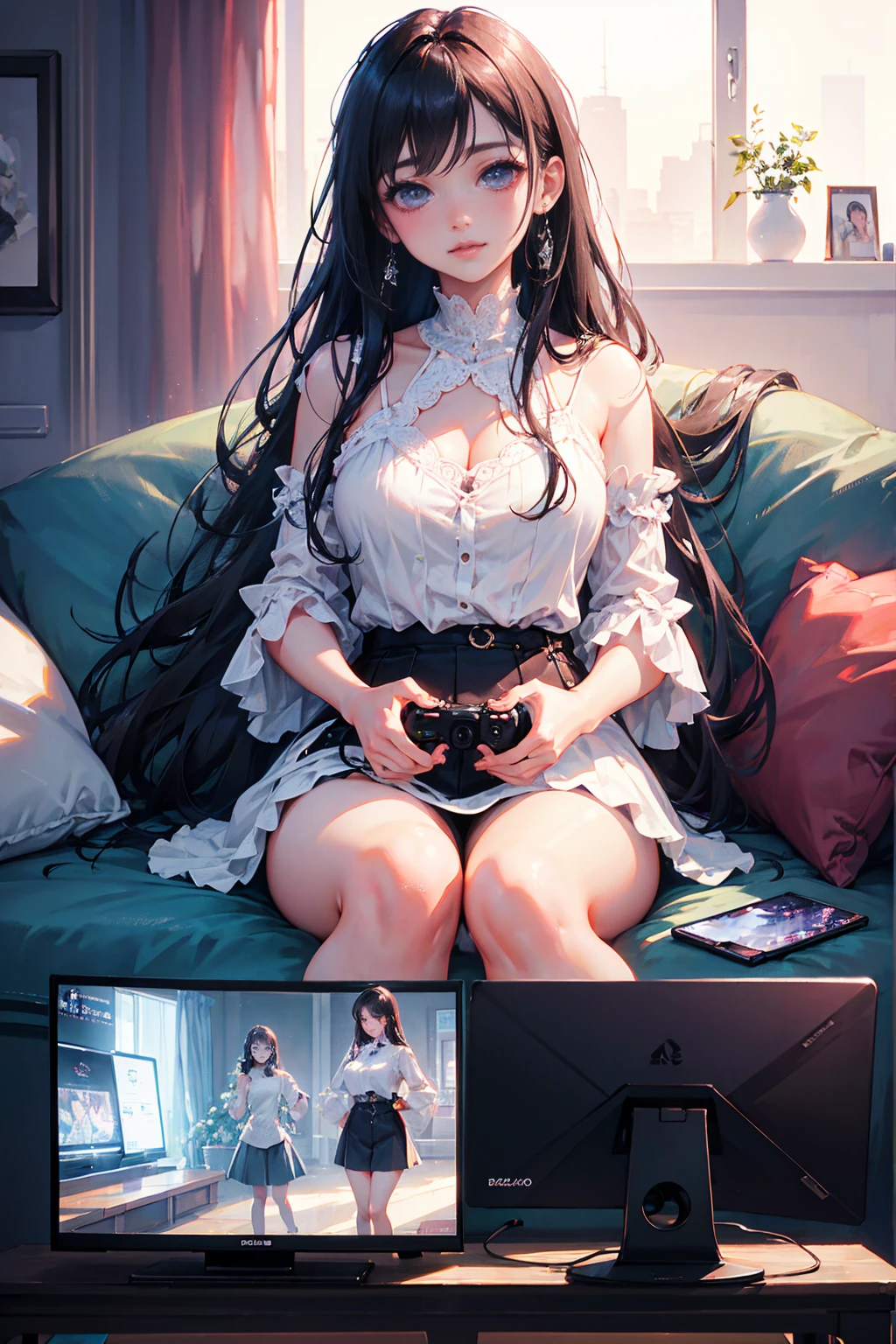 Photorealistic、Highest quality、Highest Resolution、Highest quality、8K、Beautiful images、One beautiful woman、Beautiful woman、Delicate face、Inside the room、Play games、face the tv、Holding a game controller、