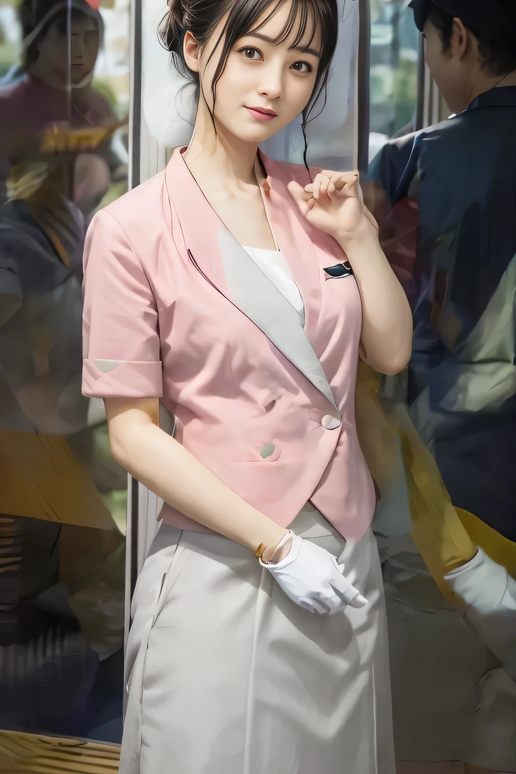 (masterpiece:1.2, Highest quality:1.2), 32k HDR, High resolution, (alone、1 girl)、 (Height: 160cm)、（On the rooftop of a building in the daytime、Professional Lighting）、Building rooftop background、（Nankai train crew uniform pinkを着たリアルスタイル）、（Nankai train crew uniform pink short sleeve collarless pink jacket、Nankai Train Crew Uniform Pink Collarless Short Sleeve Blouse、Nankai Train Crew Uniform Pink Grey Knee-length Culottes）、（The pink jacket is showing from the culottes.）、Dark brown hair、（Hair tied up、Hair tied up、Evening curly hairstyle）、Dark brown hair、Long Shot、Big Breasts、Thin legs、（（Great hands：2.0）），（（Harmonious body proportions：1.5）），（（Normal limbs：2.0）），（（Normal finger：2.0）），（（Delicate eyes：2.0）），（（Normal eyes：2.0））)、smile、（Nankai Train Crew Uniform Pink Grey Knee-length Culottesを見せた美しい歩く姿）、Place your hands around your stomach、Lanyard employee ID card