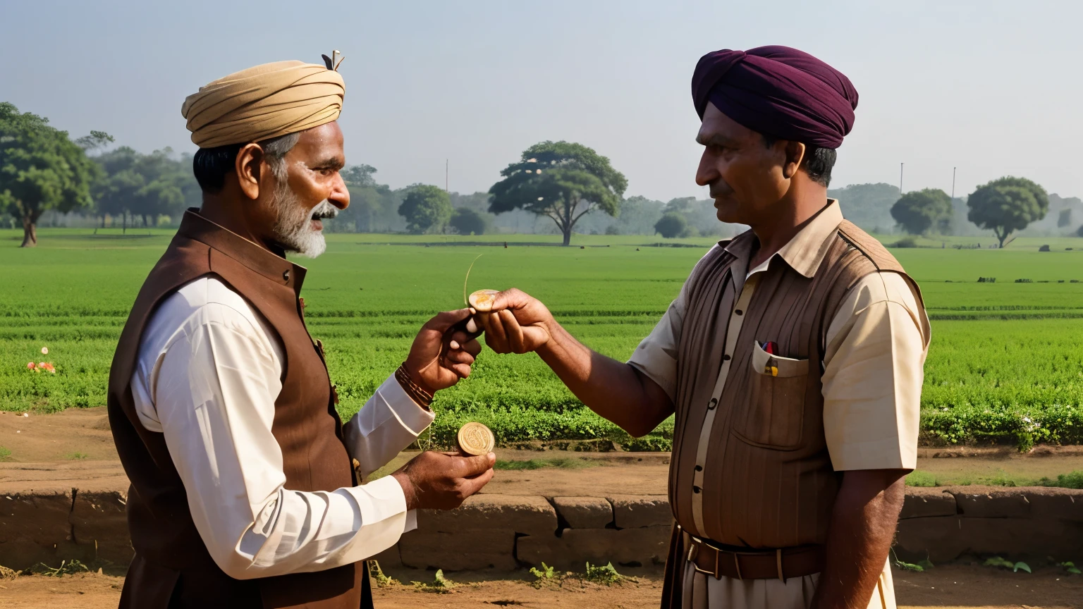 a hardworking indian farmer, presenting the ancient and beautiful gold coin to the village chief, who is examining it thoughtfully