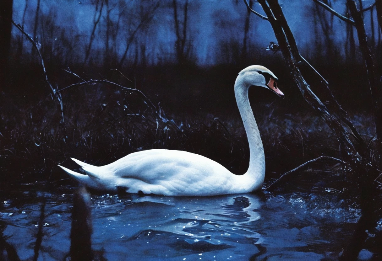 film photography, vintage, close up photo of white swan in black water, blue dark forest night background