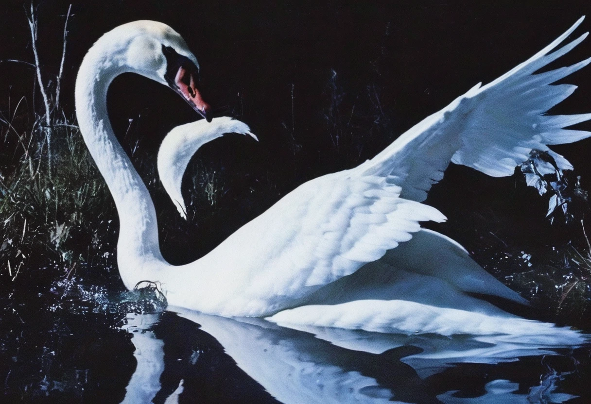 film photography, vintage, close up photo of white swan in black water, blue dark forest night background