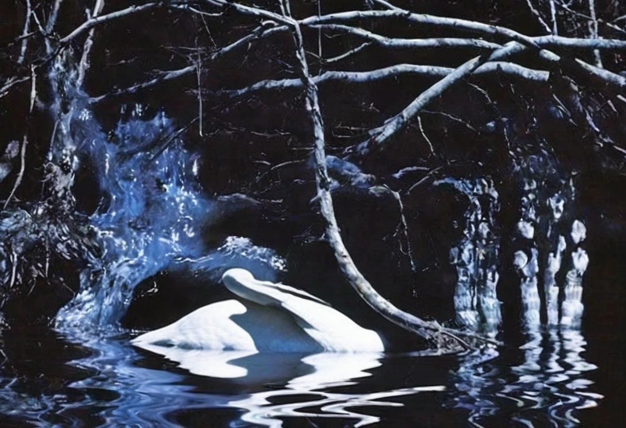 film photography, vintage, close up photo of white swan in black water, blue dark forest night background