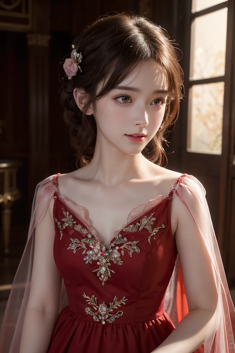 Ultra-realistic 8K CG, perfection, clean, masterpiece, Professional artwork, Famous works of art, Cinema Lighting, Film Blossom, Fantasy, Fantasy, Fantasy, sf, Charm, adorable expression, Intricate details, 16 year old girl in a red chiffon dress, Highest quality, Realistic photos, Shining Face, A faint sweet smile