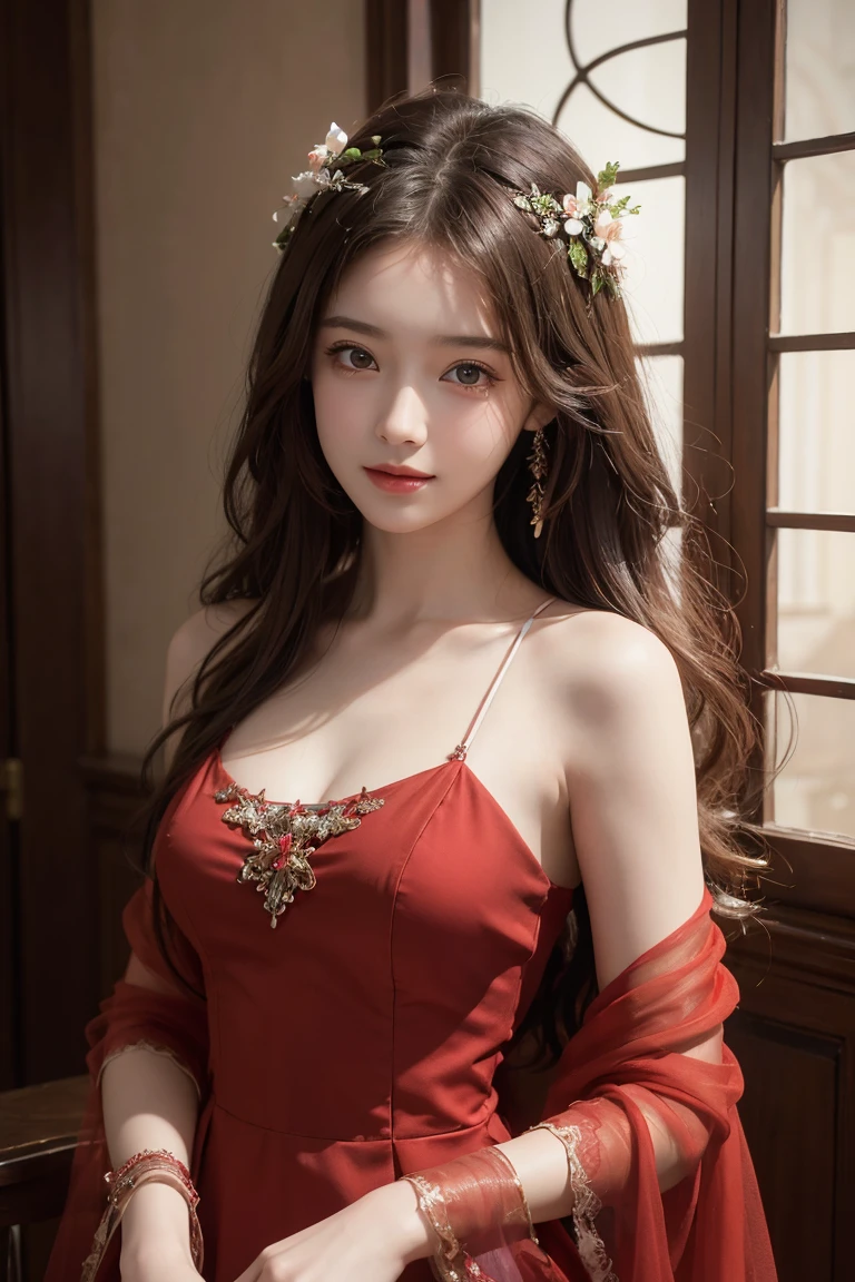 Ultra-realistic 8K CG, perfection, clean, masterpiece, Professional artwork, Famous works of art, Cinema Lighting, Film Blossom, Fantasy, Fantasy, Fantasy, sf, Charm, adorable expression, Intricate details,  girl in a red chiffon dress, Highest quality, Realistic photos, Shining Face, A faint sweet smile