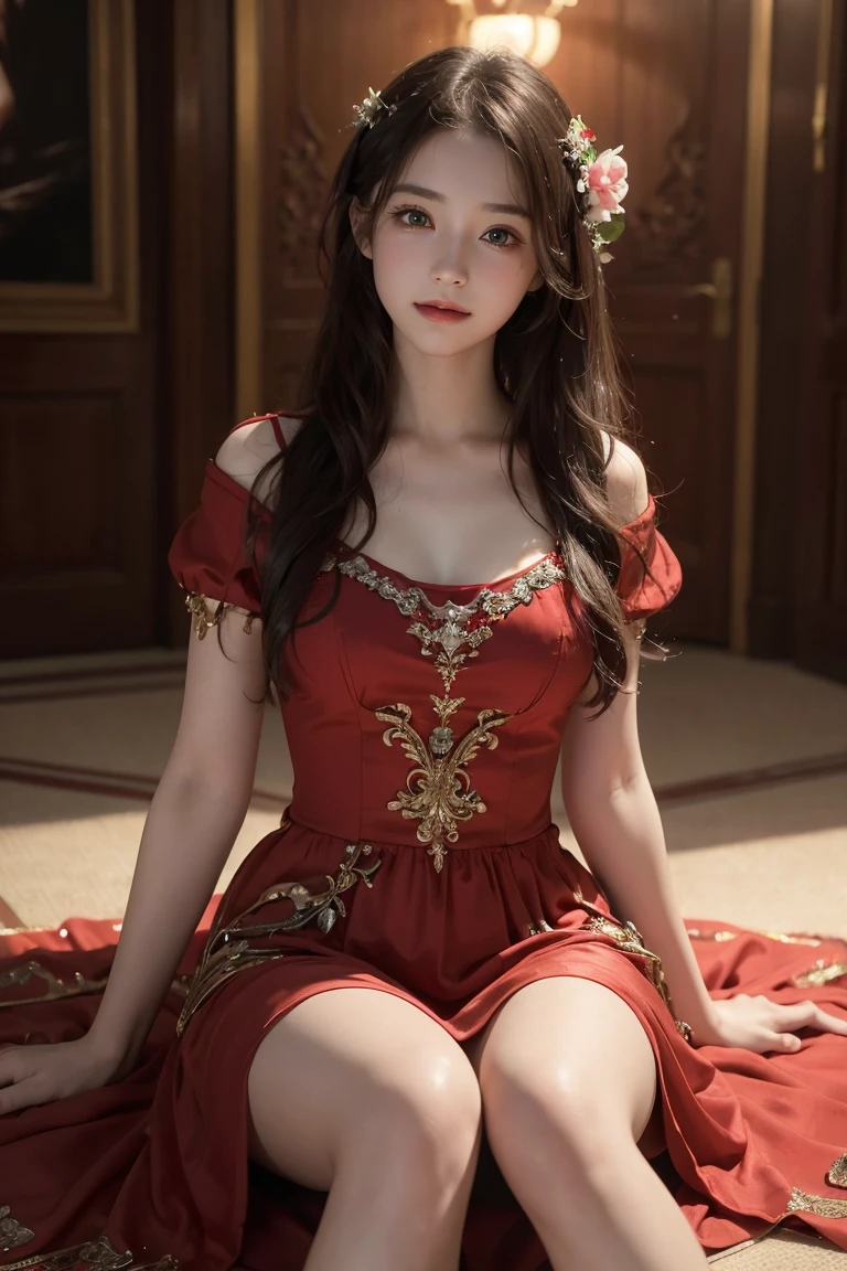 Ultra-realistic 8K CG, perfection, clean, masterpiece, Professional artwork, Famous works of art, Cinema Lighting, Film Blossom, Fantasy, Fantasy, Fantasy, sf, Charm, adorable expression, Intricate details, 16 year old girl in a red chiffon dress, Highest quality, Realistic photos, Shining Face, A faint sweet smile