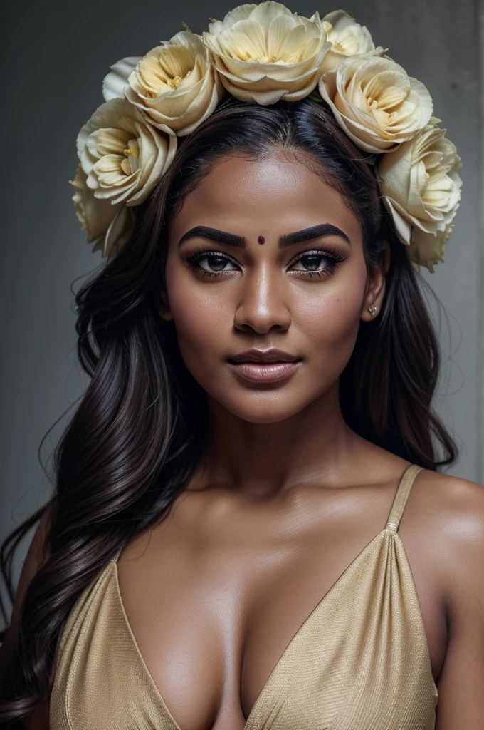 Extremely gorgeous, round face, shoot for a famous cosmetics brand, shoot for top health magazine cover Page, bold photoshoot, bold looks, body positivity, stunning beauty, ravishing, spicy hot, sizzling hot, sensual shoot, artistic sensual photograpy, thick figure, curvy, Thick navel, sexy tempting lady, sexy navel folds, fleshy figure, woman with a flower in her hair and a flower in her hair, closeup portrait shot, movie stills photography, traditional beauty, body sweat, glistening skin, skin texture, skin pores, traditional clothes , traditional female hairstyles, pretty face!!, shot on sony alpha dslr-a300, indian woman with brown skin, indian goddess, traditional makeup, movie stills, actress, close - up portrait shot, detailed portrait shot, ultra HD, hyper realistic, hyper realistic skin, High level professional photography, High level of edit,