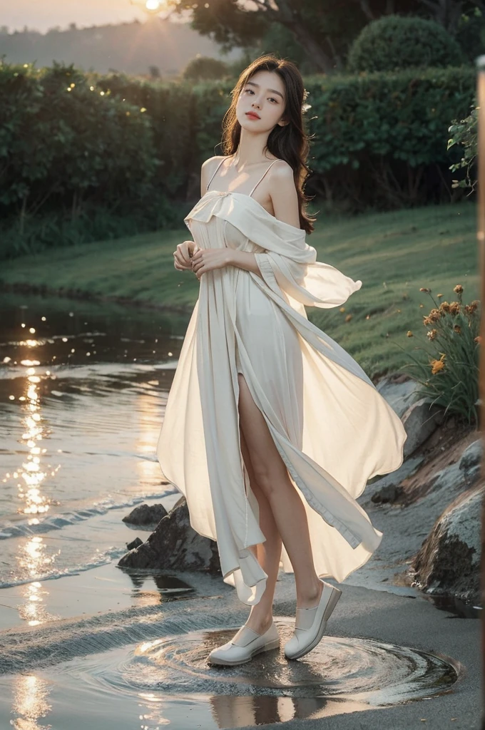 (((best quality))),(((ultra detailed))),(((masterpiece))),illustration,a girl, solo,slim,thin,flat chest,serene setting,(sunrise:1.5), simple dress,shoulder length straight bob hair, morning breeze, innocence, hope, radiant face, teary eyes, clarity, rainy morning, picturesque scene, soil footprints, pastel shoes, journey, old photo, warmth, embrace, tree in storm, support, companionship, path after rain, whispered words, wind fury, anchor, brighter tomorrow, alone but not alone, love, dawn,standing,from front,upper body