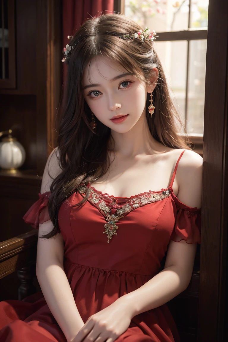 Ultra-realistic 8K CG, perfection, clean, masterpiece, Professional artwork, Famous works of art, Cinema Lighting, Film Blossom, Fantasy, Fantasy, Fantasy, sf, Charm, adorable expression, Intricate details, 16 year old girl in a red chiffon dress, Highest quality, Realistic photos, Shining Face, A faint sweet smile