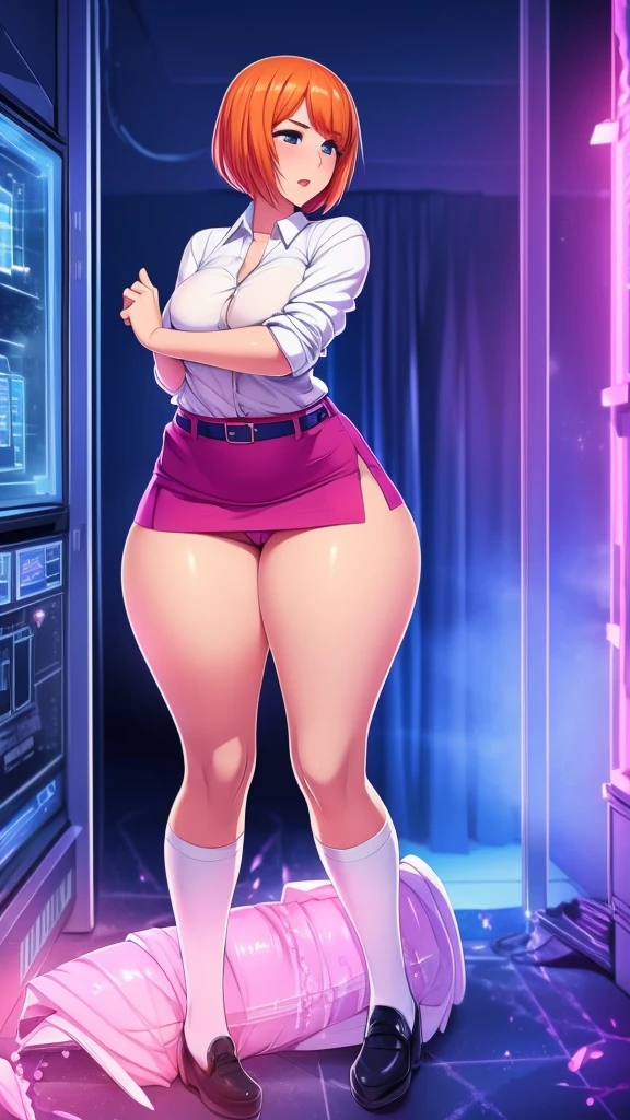 a age girl sexytractive beautiful cool popular short orange hair disheveled cut light red lip wears long light blue button t sensual curves and a short purple miniskirt pair short blue socks legs white heel she is frozen inside a pink crystal paralyzed in a laboratory