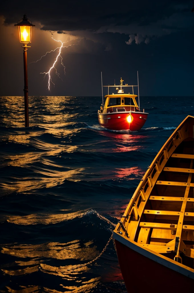 Red fancy lamp with yellow bright lights in a boat in an ocean with thunder