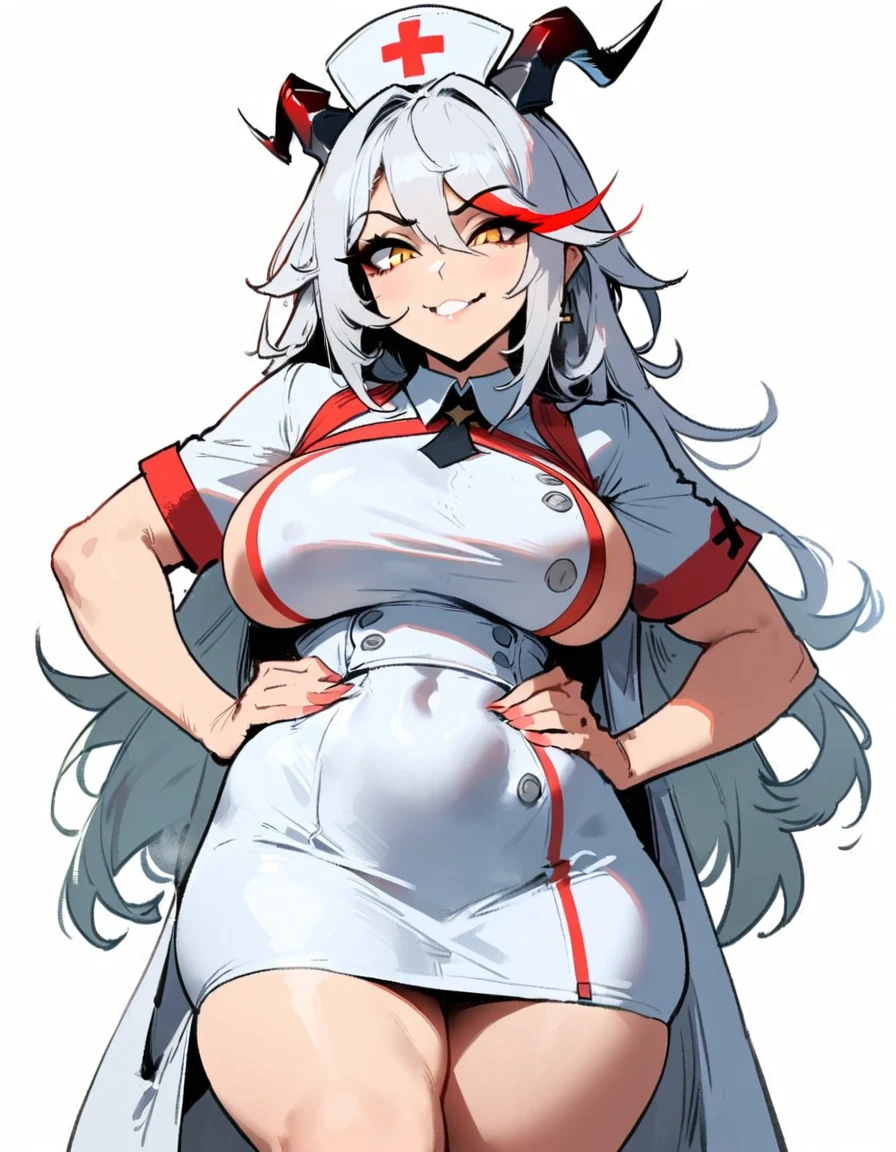 1girl, aegir \(azur lane\), azur lane \\\\\ masterpiece, best quality, very aesthetic, absurdres, newest \\\\\\ sportive body, \\\\\\ by nyantcha,,by cutesexyrobutts,by khyle ///// white hair with a single prominent red streak, black horns, yellow eyes, , white (nurse outfit:1.2), skirt, , white pencil skirt, nurse cap, , , a red cross on the cap, standing, (white background:1.2), rating general, horny smile, hands on hips