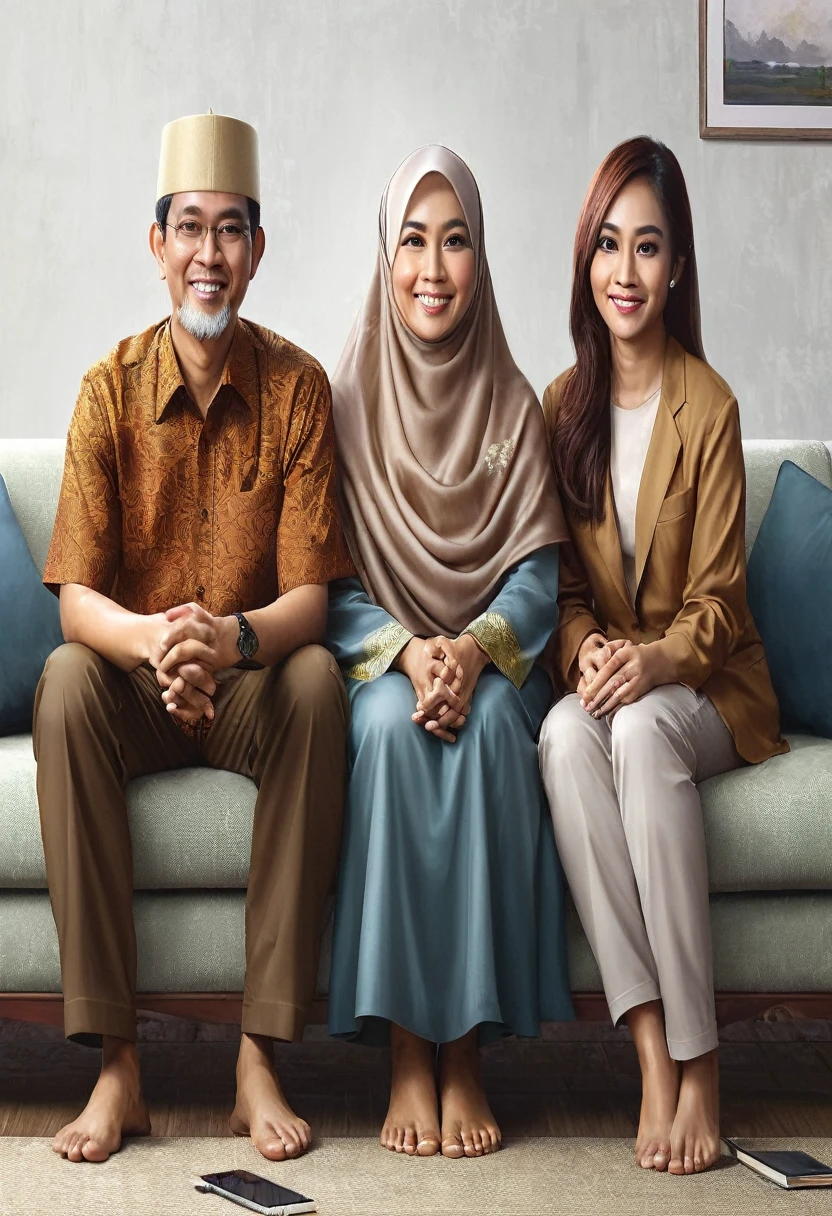 there are three people sitting on a couch together on the couch, an indonesian family portrait, realism art, happy family, potrait, family portrait, high quality portrait, portrait shot, full protrait, realistic art, traditional art, malaysian, family, portrait of family of three, by Abidin Dino, inspired by Rudy Siswanto, by Basuki Abdullah