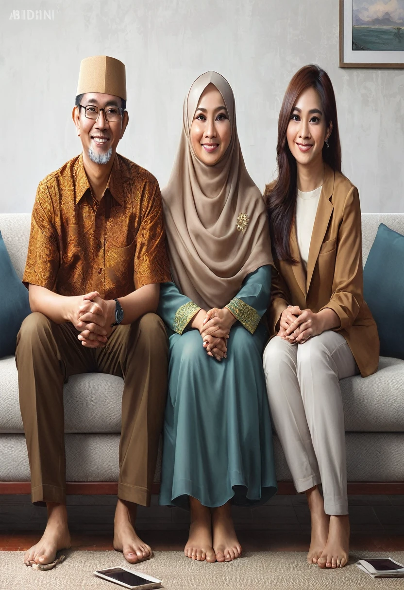 there are three people sitting on a couch together on the couch, an indonesian family portrait, realism art, happy family, potrait, family portrait, high quality portrait, portrait shot, full protrait, realistic art, traditional art, malaysian, family, portrait of family of three, by Abidin Dino, inspired by Rudy Siswanto, by Basuki Abdullah