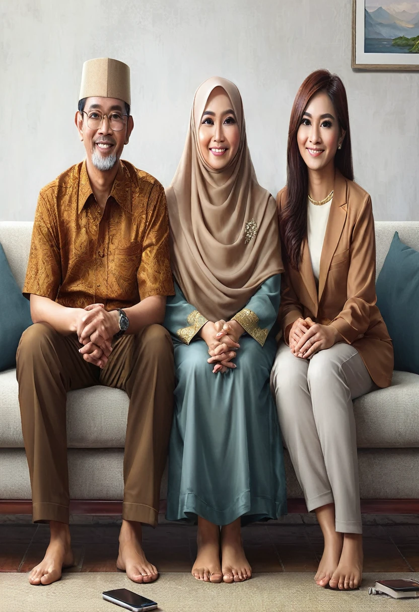 there are three people sitting on a couch together on the couch, an indonesian family portrait, realism art, happy family, potrait, family portrait, high quality portrait, portrait shot, full protrait, realistic art, traditional art, malaysian,  family, portrait of family of three, by Abidin Dino, inspired by Rudy Siswanto, by Basuki Abdullah