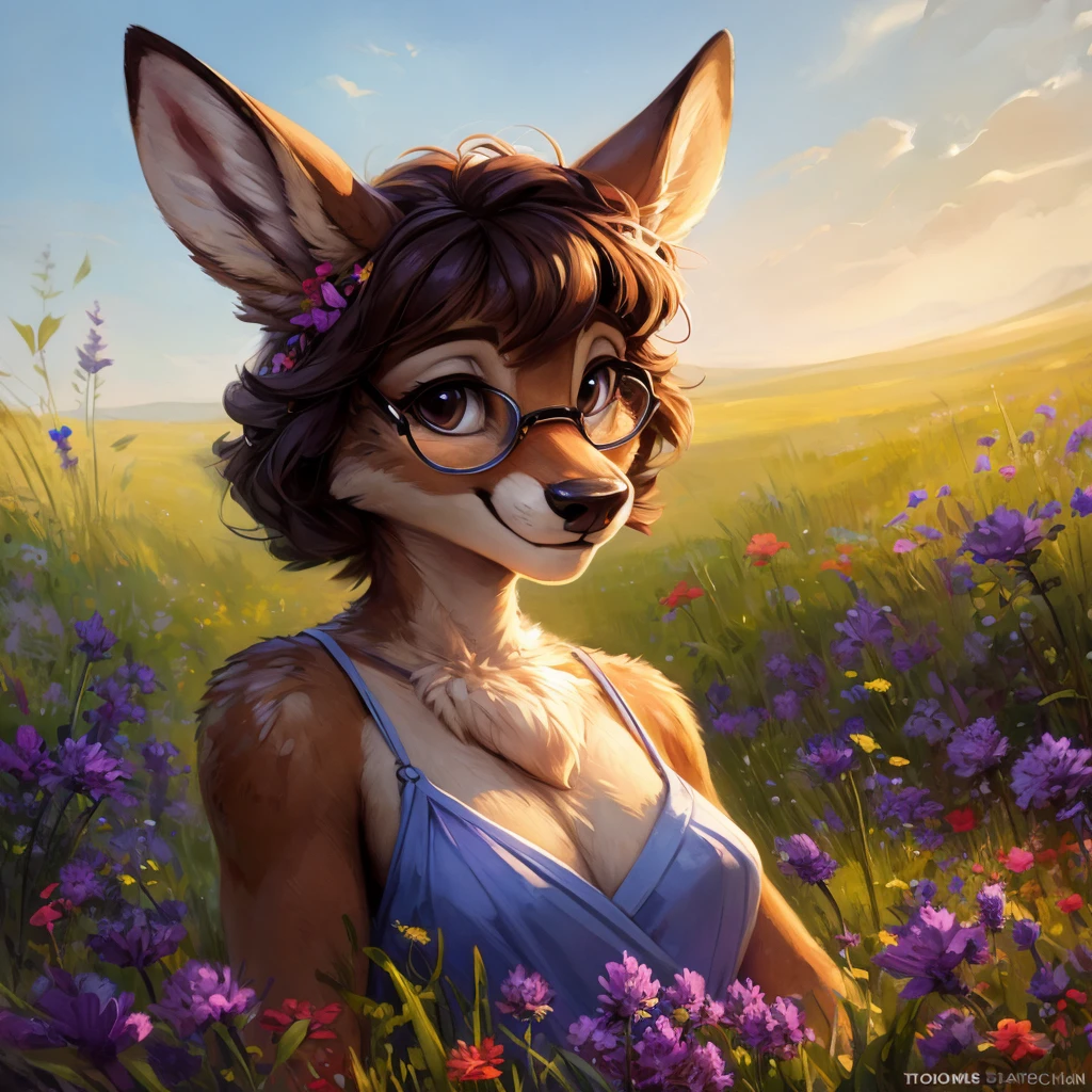 uploaded on e621, watercolor look, by Pixelsketcher, by Bayard Wu, by Thomas Benjamin Kennington , by Einshelm, by hioshiru and kenket, Chunie, portrait, solo anthro female deer doe, with small featureless breasts, clear dark blue, cinematic lighting, day, sunny day, lavender field, stays in a wildflowers field, wildflowers field background, mediterranean background, horizon background, shiny, short curly dark brown hair, wearing big black nerd glasses, very very beautiful furry art, furry art, smiling, joyful, shiny, happy, feminine, cute face, muzzle, fluffy chest, flawless face, Fallow deer, 1girl, Sakimichan is beautiful, Masterpiece, Wavethesallow Face, shiny, Detailed image, portrait, Detailed image, portrait, full body, wearing pure white short spaghetti straps dress, wearing a wildflowers wreath, shiny, realistic face, perfect anatomy, hourglass body, (furry body:1.1), anthropomorphic deer, looks at the viewer, small fluffy tail, detailed background, (cute anatomy:1.1), stands in a wildflowers field
