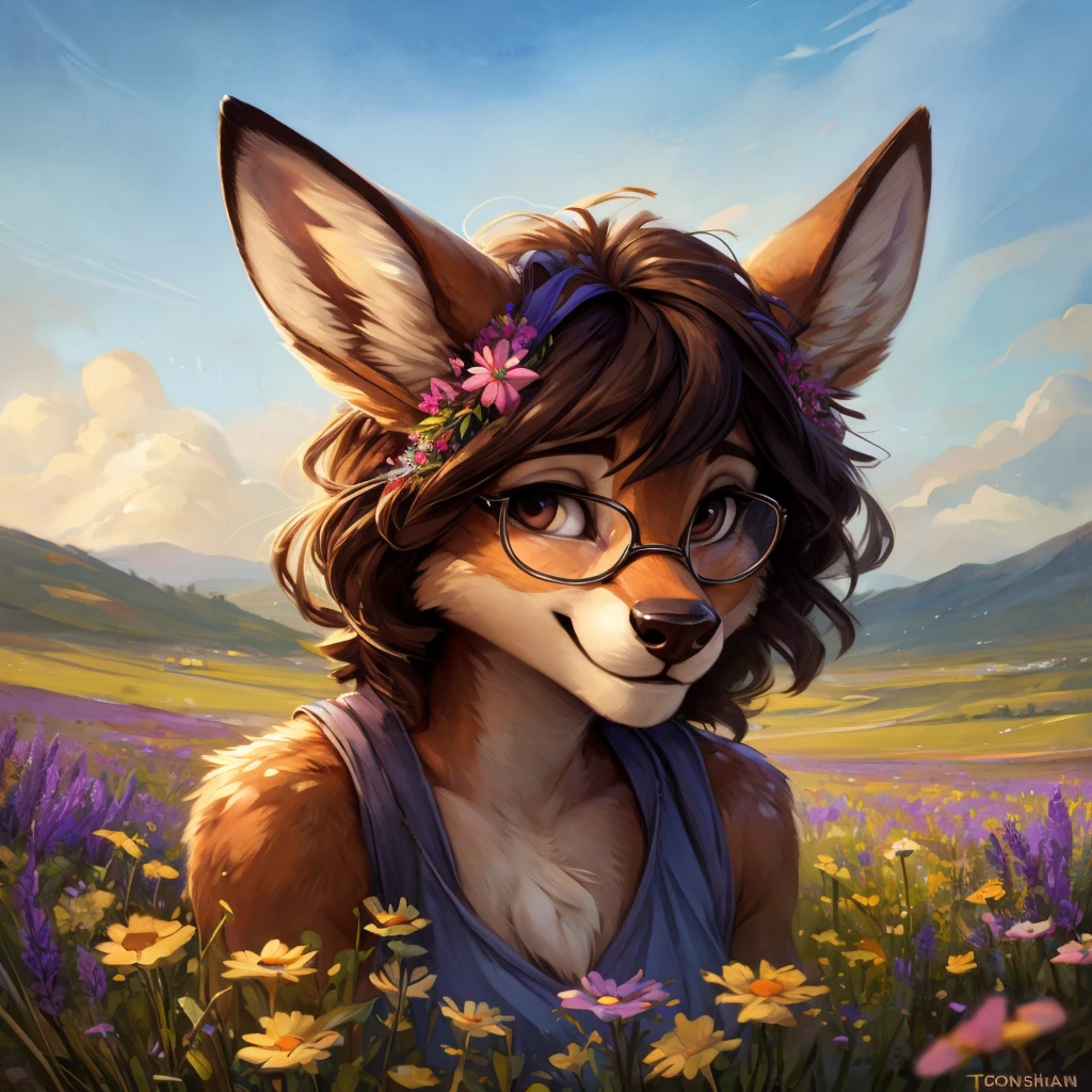 uploaded on e621, watercolor look, by Pixelsketcher, by Bayard Wu, by Thomas Benjamin Kennington , by Einshelm, by hioshiru and kenket, Chunie, portrait, solo anthro female deer doe, with small featureless breasts, clear dark blue, cinematic lighting, day, sunny day, lavender field, stays in a wildflowers field, wildflowers field background, mediterranean background, horizon background, shiny, short curly dark brown hair, wearing big black nerd glasses, very very beautiful furry art, furry art, smiling, joyful, shiny, happy, feminine, cute face, muzzle, fluffy chest, flawless face, Fallow deer, 1girl, Sakimichan is beautiful, Masterpiece, Wavethesallow Face, shiny, Detailed image, portrait, Detailed image, portrait, full body, wearing pure white short spaghetti straps dress, wearing a wildflowers wreath, shiny, realistic face, perfect anatomy, hourglass body, (furry body:1.1), anthropomorphic deer, looks at the viewer, small fluffy tail, detailed background, (cute anatomy:1.1), stands in a wildflowers field