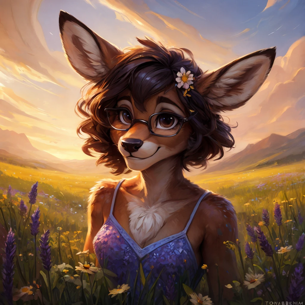uploaded on e621, watercolor look, by Pixelsketcher, by Bayard Wu, by Thomas Benjamin Kennington , by Einshelm, by hioshiru and kenket, Chunie, portrait, solo anthro female deer doe, with small featureless breasts, clear dark blue, cinematic lighting, day, sunny day, lavender field, stays in a wildflowers field, wildflowers field background, mediterranean background, horizon background, shiny, short curly dark brown hair, wearing big black nerd glasses, very very beautiful furry art, furry art, smiling, joyful, shiny, happy, feminine, cute face, muzzle, fluffy chest, flawless face, Fallow deer, 1girl, Sakimichan is beautiful, Masterpiece, Wavethesallow Face, shiny, Detailed image, portrait, Detailed image, portrait, full body, wearing pure white short spaghetti straps dress, wearing a wildflowers wreath, shiny, realistic face, perfect anatomy, hourglass body, (furry body:1.1), anthropomorphic deer, looks at the viewer, small fluffy tail, detailed background, (cute anatomy:1.1), stands in a wildflowers field