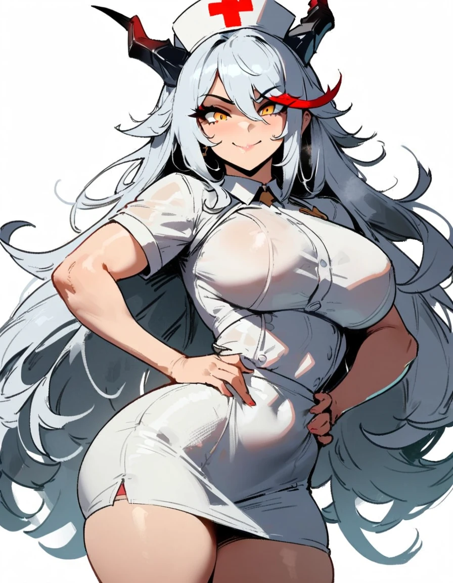 1girl, aegir \(azur lane\), azur lane \\\\\ masterpiece, best quality, very aesthetic, absurdres, newest \\\\\\ sportive body, \\\\\\ by nyantcha,,by cutesexyrobutts,by khyle ///// white hair with a single prominent red streak, black horns, yellow eyes, , white (nurse outfit:1.2), skirt, , white pencil skirt, nurse cap, , , a red cross on the cap, standing, (white background:1.2), rating general, horny smile, hands on hips