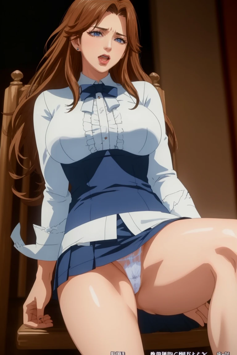 (showing the panties:1.3),Mature attractive woman,50 years old,1 person,bodycon,(mini skirt,panties:1.2),(panties:1.2),big breasts,(facial wrinkles:1.2),thin brown hair,long hair,(Sitting on a chair,panties:1.2),(From head to thighs),8k, RAW photo, best quality, laughter,masterpiece,highest quality