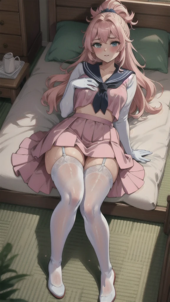 Full body depiction on screen, Princess Bed Princess's bedroom Luxury furniture looking at the camera Hands together very large chest Extremely distended chest huge chest bulge A composition that shows the whole body Dim pink room Japan tatami room Japanese-style room Dirty room There is a lot of garbage scattered around Very dirty blanket Lying on the futon Scattered tissue paper Scattered pink magazines Cute long-sleeved sailor uniform that reaches down to the neck. Lots of frills sewn into the clothes. Fine frill belly long skirt Panier Berry Long Skirt university student Age: 20 Illustrated style Anime Style Frown Narrow Mouth Small lips Smile Sleepy eyes Eyes half closed Very short stature Baby Face beautiful girl Very cute clothes cheeks pink Blonde Long Hair Super Curly Hair Super long sideburns Wet, see-through clothing Wet and sheer sailor suit Hair band Wet and transparent very long shocking pink silk skirt Wet and transparent pearl white silk tights Wet and transparent pearl white silk innerwear Metallic luster A large amount of hot pink silk ribbons are sewn into the clothes Soaked in the rain Wet and transparent pearl white super long silk gloves Shocking pink silk pantyhose with fine embroidery that becomes transparent when wet silk garter belt Pitiful clear Big eyes Droopy eyes Shocking Pink Rouge Super long white leather boots Wet and see-through white silk bodysuit negative prompt