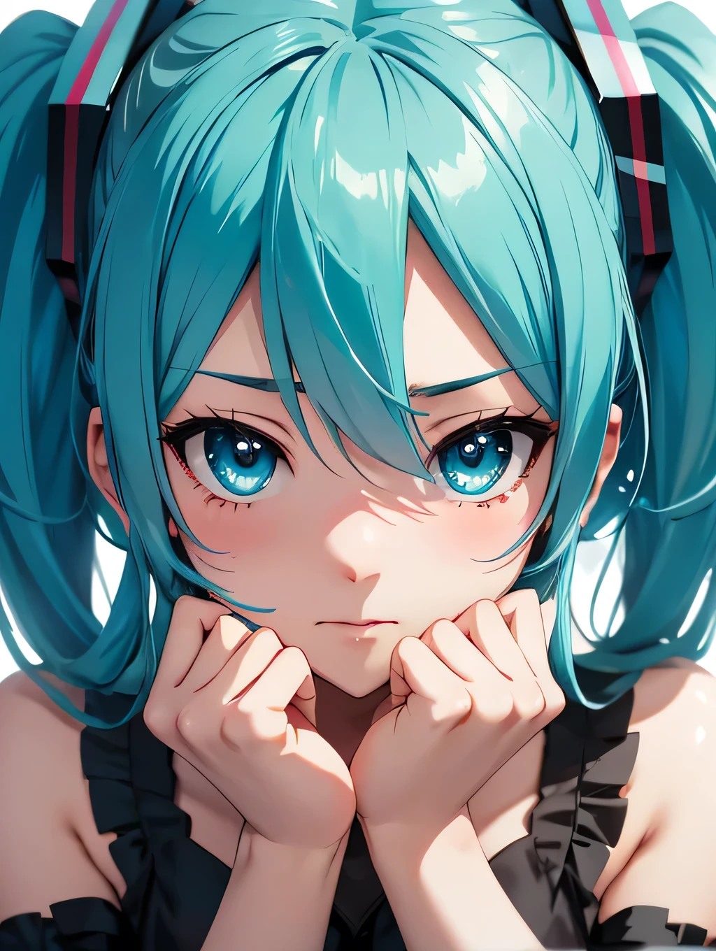 Miku Hatsune, closeup high definition, jealous, hands together upset, blushing face high definition