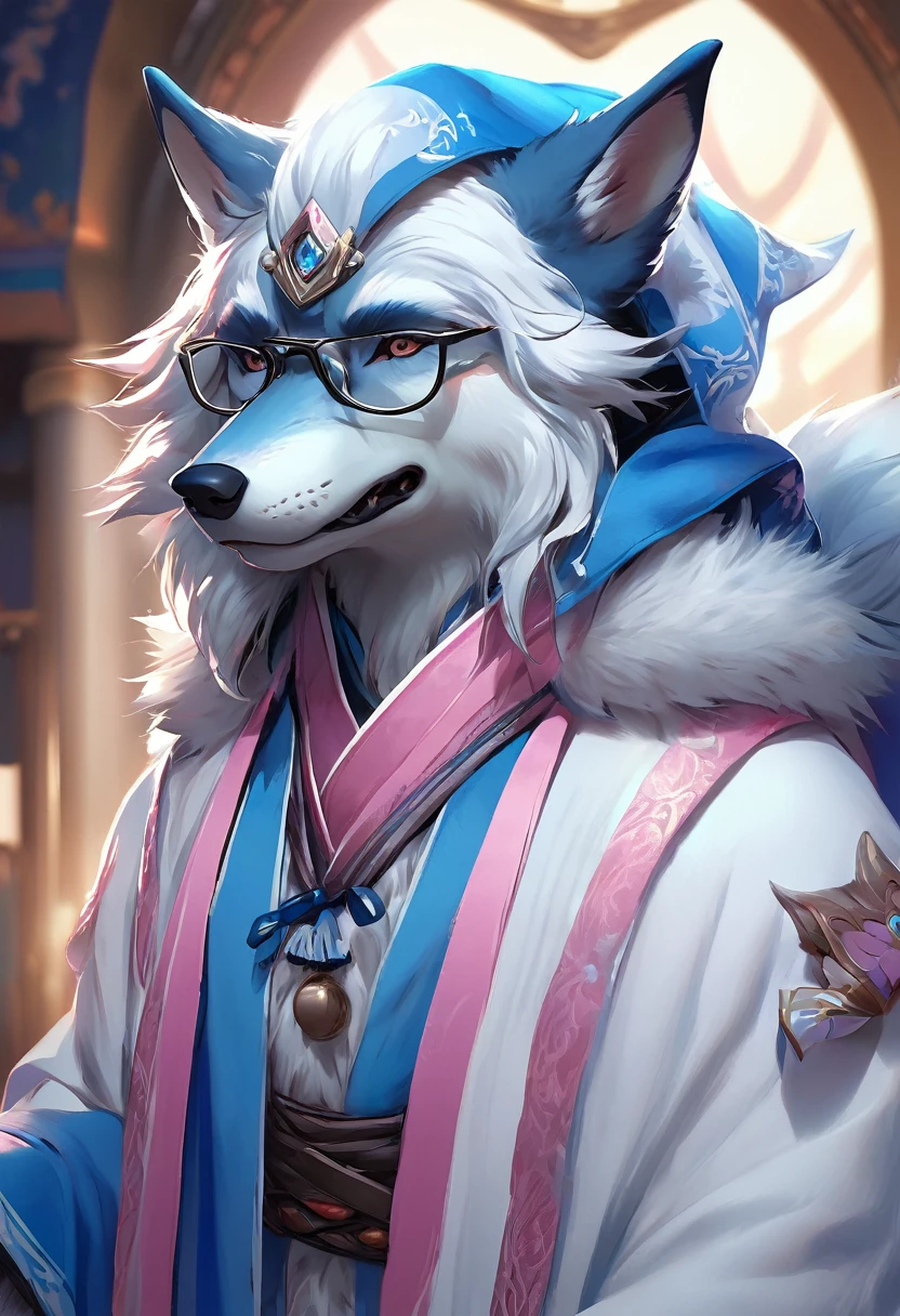 (masterpiece:1.4),(best quality:1.4),((Detailed facial features)),Wolf,male,Mage Clothing,robe,Blue and white fur,Glasses,Orcs,Orcs脸,delicate and pretty,Wolf脸,cute,Introvert,精灵Wolf,Facial details,Light blue bangs,Dark blue ears,Pink and white inside of the ear