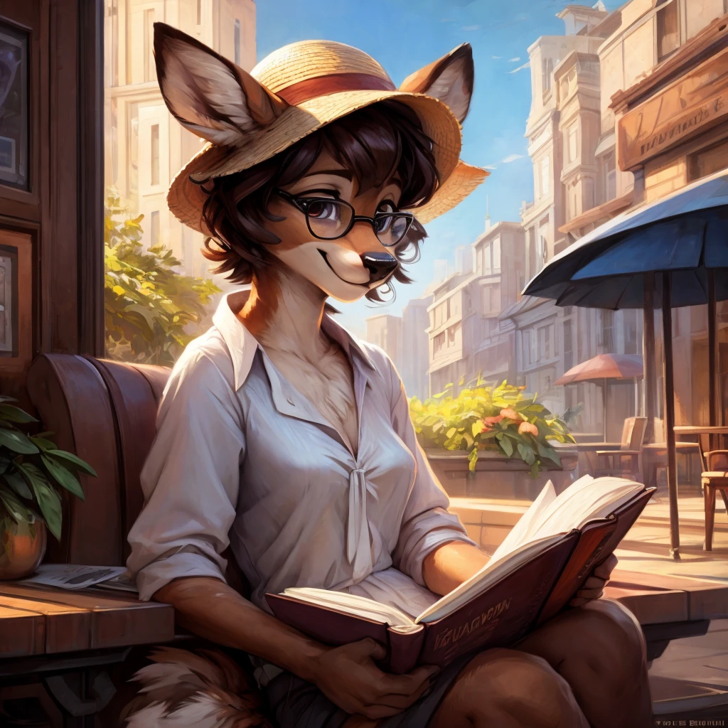 uploaded on e621, by Pixelsketcher, by Bayard Wu, by Thomas Benjamin Kennington , by Einshelm, by hioshiru and kenket, Chunie, portrait, solo anthro female deer doe, tiny featureless breasts, tiny breasts, clear dark blue, cinematic lighting, day, sunny day, sitting outside at a café, café background, french background, old french background, shiny, short curly dark brown hair, short hair, wears big black nerd glasses, very very beautiful furry art, furry art, thoughtful, shiny, feminine, cute face, muzzle, fluffy chest, flawless face, Fallow deer, 1girl, Sakimichan is beautiful, Masterpiece, Wavethesallow Face, shiny, Detailed image, portrait, Detailed image, portrait, wears pure white wide, big blouse, wears beige summer straw hat, shiny, realistic face, perfect anatomy, hourglass body, anthropomorphic deer, happy, very happy, small ears, huge black nerd glasses, wide happy eyes, look at viewer, smiles, big smile, holds with both hands a cup of coffee, hourglass body, (furry body:1.1), anthropomorphic deer, reading a book, small fluffy tail, detailed background, (cute anatomy:1.1), looks into the distance