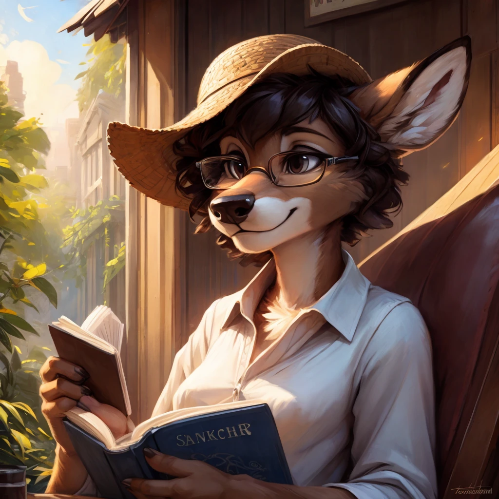 uploaded on e621, by Pixelsketcher, by Bayard Wu, by Thomas Benjamin Kennington , by Einshelm, by hioshiru and kenket, Chunie, portrait, solo anthro female deer doe, tiny featureless breasts, tiny breasts, clear dark blue, cinematic lighting, day, sunny day, sitting outside at a café, café background, french background, old french background, shiny, short curly dark brown hair, short hair, wears big black nerd glasses, very very beautiful furry art, furry art, thoughtful, shiny, feminine, cute face, muzzle, fluffy chest, flawless face, Fallow deer, 1girl, Sakimichan is beautiful, Masterpiece, Wavethesallow Face, shiny, Detailed image, portrait, Detailed image, portrait, wears pure white wide, big blouse, wears beige summer straw hat, shiny, realistic face, perfect anatomy, hourglass body, anthropomorphic deer, happy, very happy, small ears, huge black nerd glasses, wide happy eyes, look at viewer, smiles, big smile, holds with both hands a cup of coffee, hourglass body, (furry body:1.1), anthropomorphic deer, reading a book, small fluffy tail, detailed background, (cute anatomy:1.1), looks into the distance