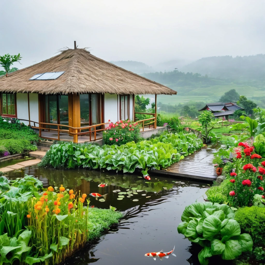 view from far, cottage, the sacred symbol of nature, A straw house on the hill (stilt house), garden around the house with flowers, vegetables, rows of vegetables. A Koi pond,  In front of the house is a valley with vegetables. scenery, a rainy day.