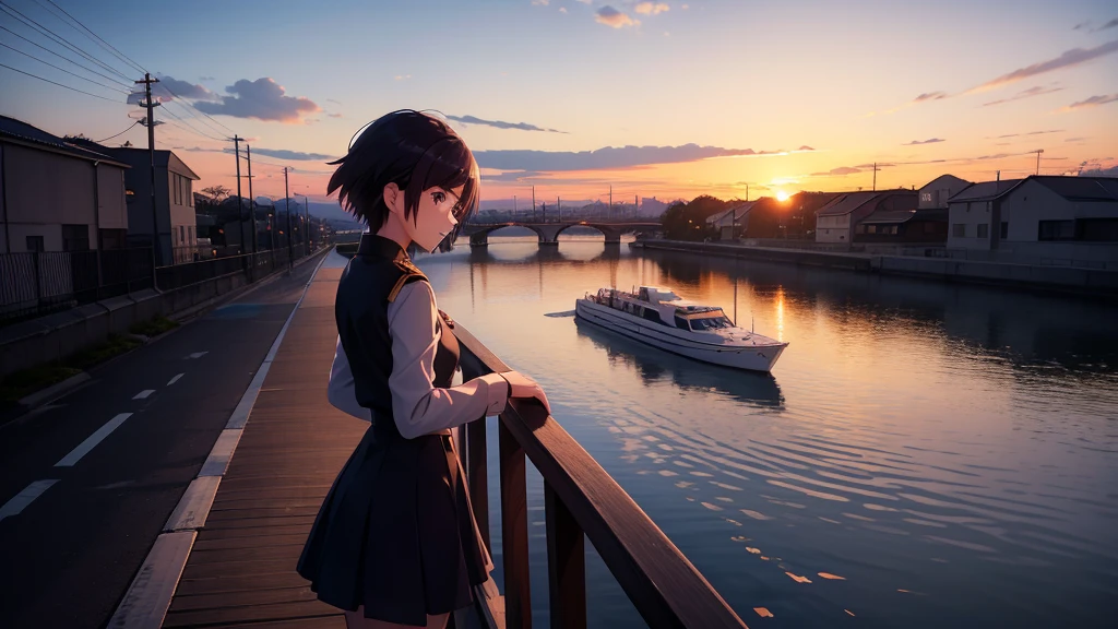 Anime girl watching the sunset on a bridge, The girl has kind eyes，Bridge over the canal, Girl in uniform, silhouette, Orange sunset sky, Makoto Shinkai style, Makoto Shinkai style, 2D