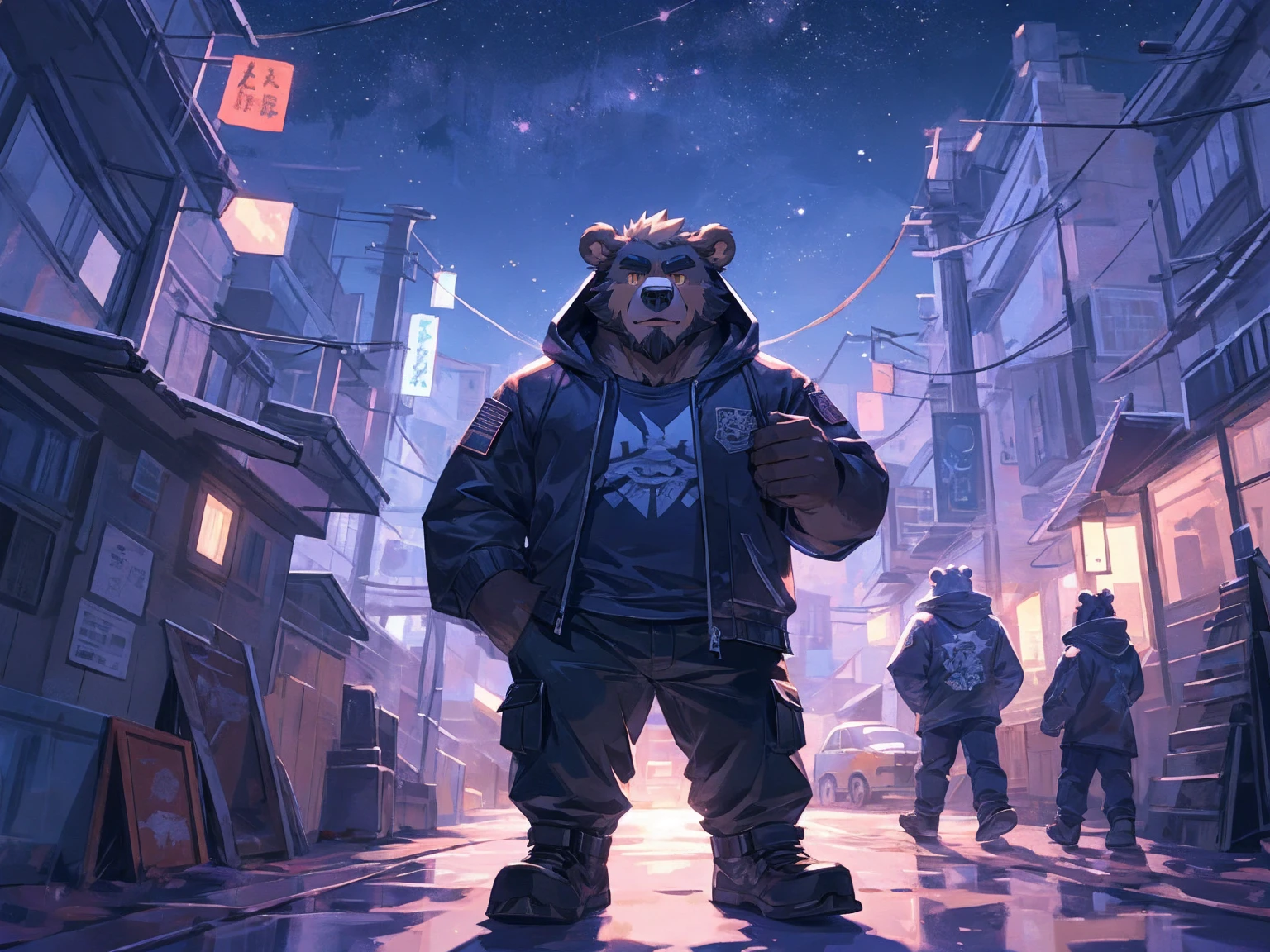 (masterpiece:1.2), best quality,pixiv,official art,perfect anatomy, (Ray tracing, light),solo, (1_male:1.3) , (muscle), (grey fur:1.4), (muscle bear), (beard:1.2), (gleaming golden eyes), bear tail, Thick black eyebrows,(open hooded parka), (t-shirt inside), jeans, (cargo pants:1.2), black shoes, A cyber city skyline at night, with twinkling stars and a bright Milky Way. A muscular, bearded bear anthropomorphic character is admiring the starry sky.