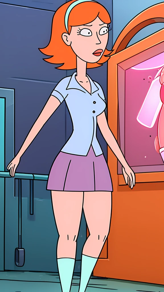 a  girl sexy attractive beautiful cool popular short orange hair disheveled cut light red lip wears long light blue button shirt sensual curves and a short purple miniskirt pair short blue socks legs white heel she is frozen inside a pink crystal paralyzed in a laboratory