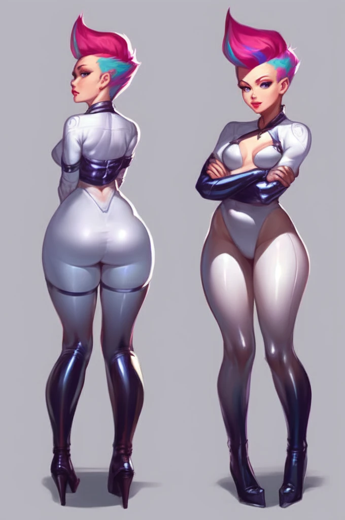 (score_9:1.1) human zipp, looking at viewer, cowboy shot, Human female, full body, standing, arms crossed, medium breasts, latex white bodysuit
