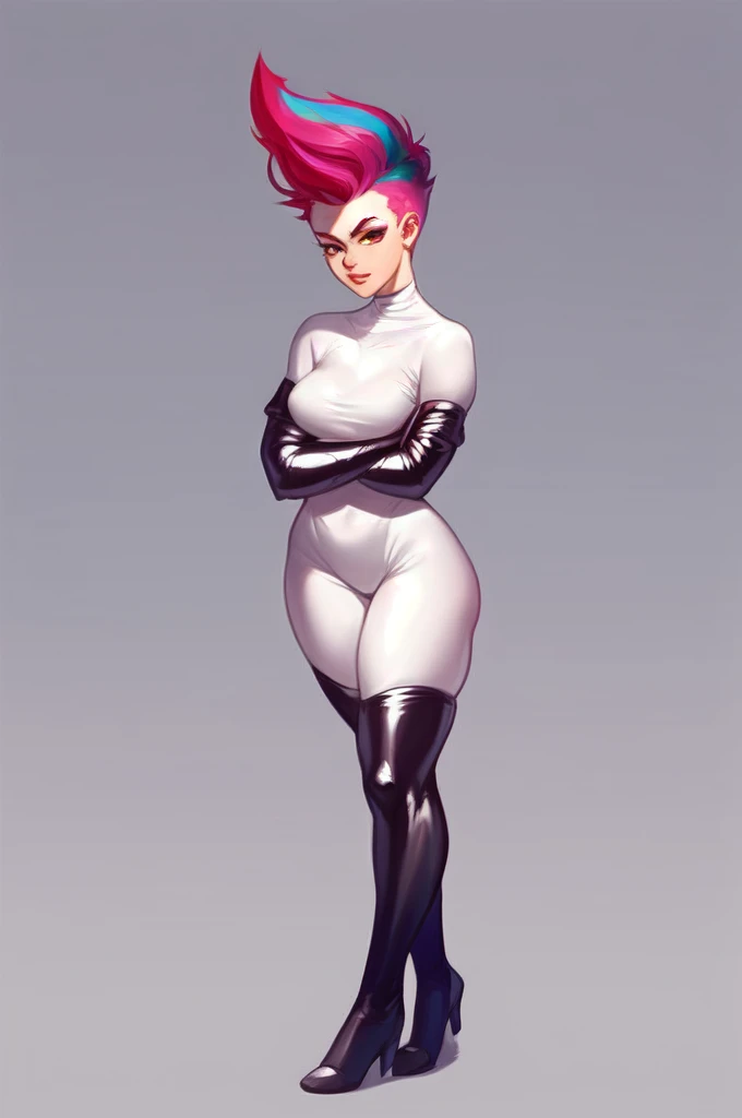 (score_9:1.1) human zipp, looking at viewer, cowboy shot, Human female, full body, standing, arms crossed, medium breasts, latex white bodysuit