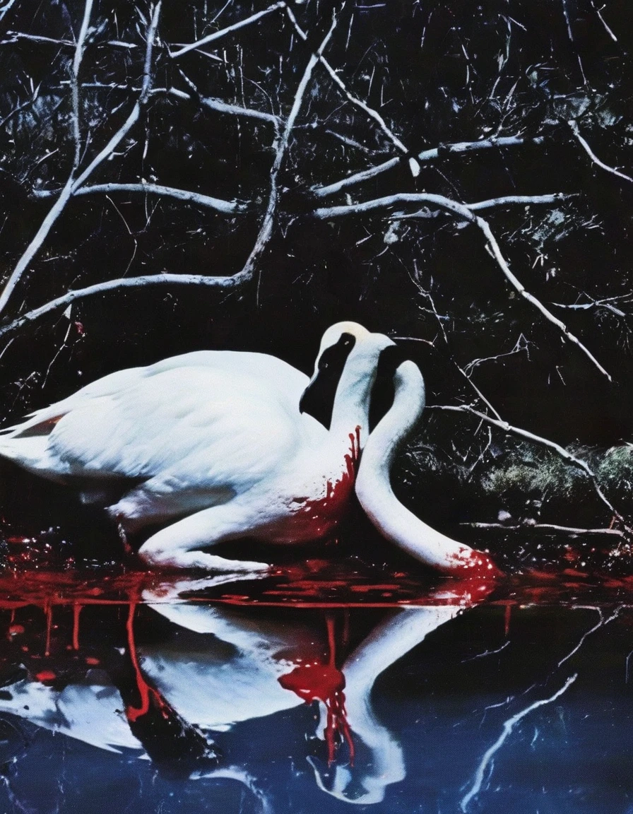 film photography, vintage, close up photo of white swan covered in blood in black water, blue dark forest night background