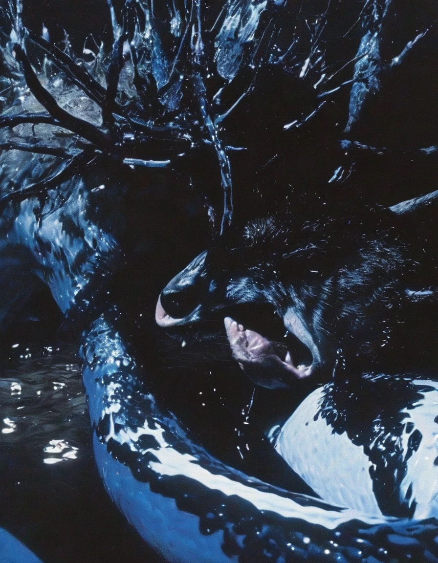 film photography, vintage, close up photo of white swan covered in blood in black water, blue dark forest night background
