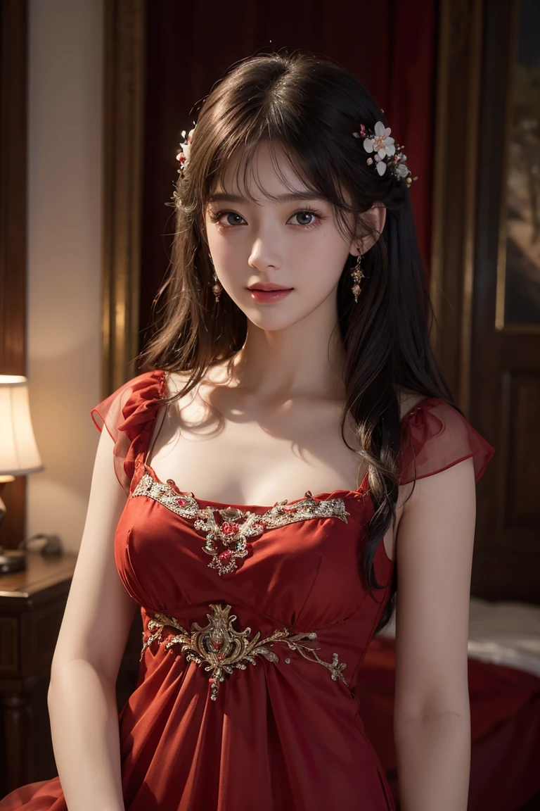 Ultra-realistic 8K CG, perfection, clean, masterpiece, Professional artwork, Famous works of art, Cinema Lighting, Film Blossom, Fantasy, Fantasy, Fantasy, sf, Charm, adorable expression, Intricate details, 16 year old girl in a red chiffon dress, Highest quality, Realistic photos, Shining Face, A faint sweet smile