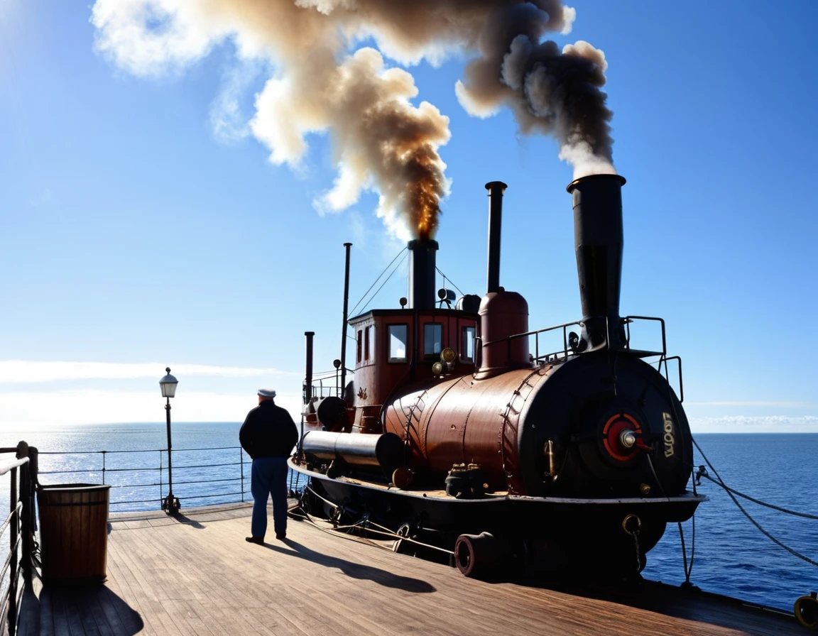 Old steam tug. working hard. Open sea. clear blue sky. one big central smoking funnel behind wheel house ((brown smoke)). horse standing on front deck