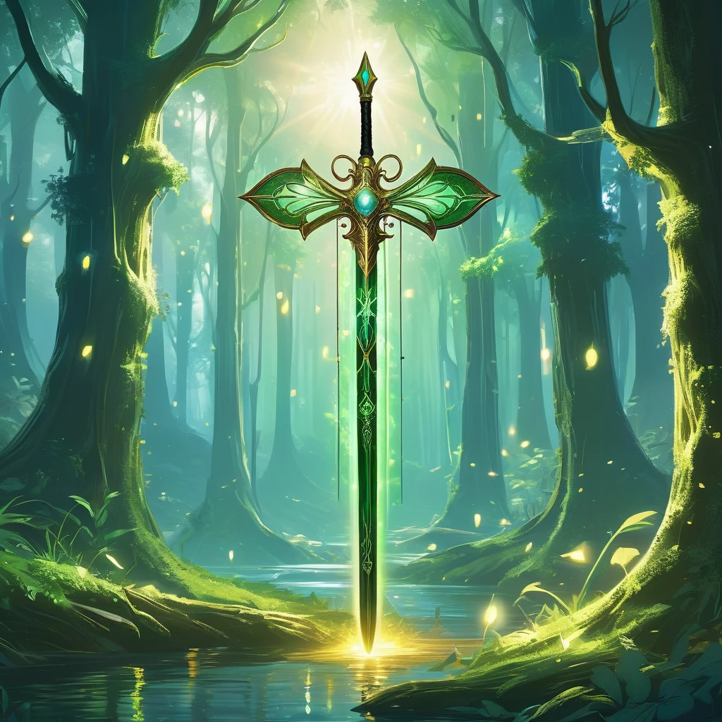 Imagine a medieval fantasy ranged weapon poised in a verdant clearing deep within an enchanted forest. The weapon, a sleek and intricately crafted bow, is fashioned from rare, luminous wood that glows softly with an otherworldly light. Its string, spun from threads of shimmering silver, hums faintly with latent magical energy. Arrows with feathered fletchings, tipped with gleaming crystal or enchanted metal, rest in a quiver adorned with mystical symbols. Sunlight filters through the dense canopy above, dappling the forest floor with patches of golden light. Around the bow, ancient trees whisper secrets of the forest, while ethereal creatures flit through the shadows. Capture the essence of adventure and skill in this mystical setting, where the bow waits patiently for a skilled archer to wield it against the unseen perils of the medieval fantasy realm."