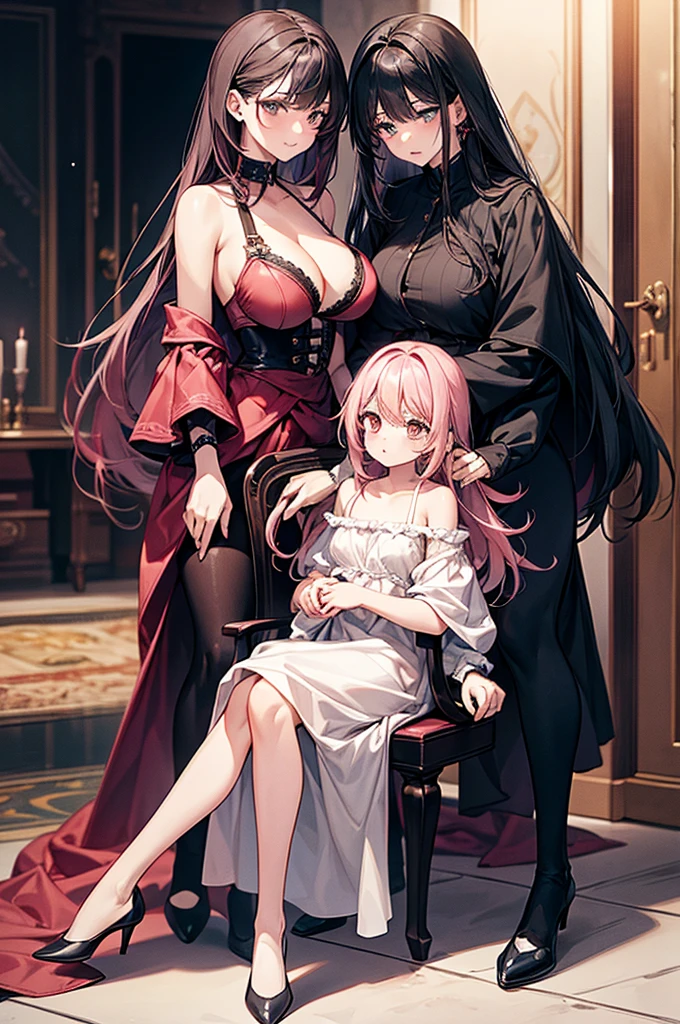 2girl, 1girl sitting on 2girl lap, knee up, 1girl long pink hair, 2 girl black hair, 1girl big tits, 2girl with bra , the 2nd girl hand holds the 1st girl’s waist, the 1st girl was a bit more standing than sitting, just one chair, looked each other
