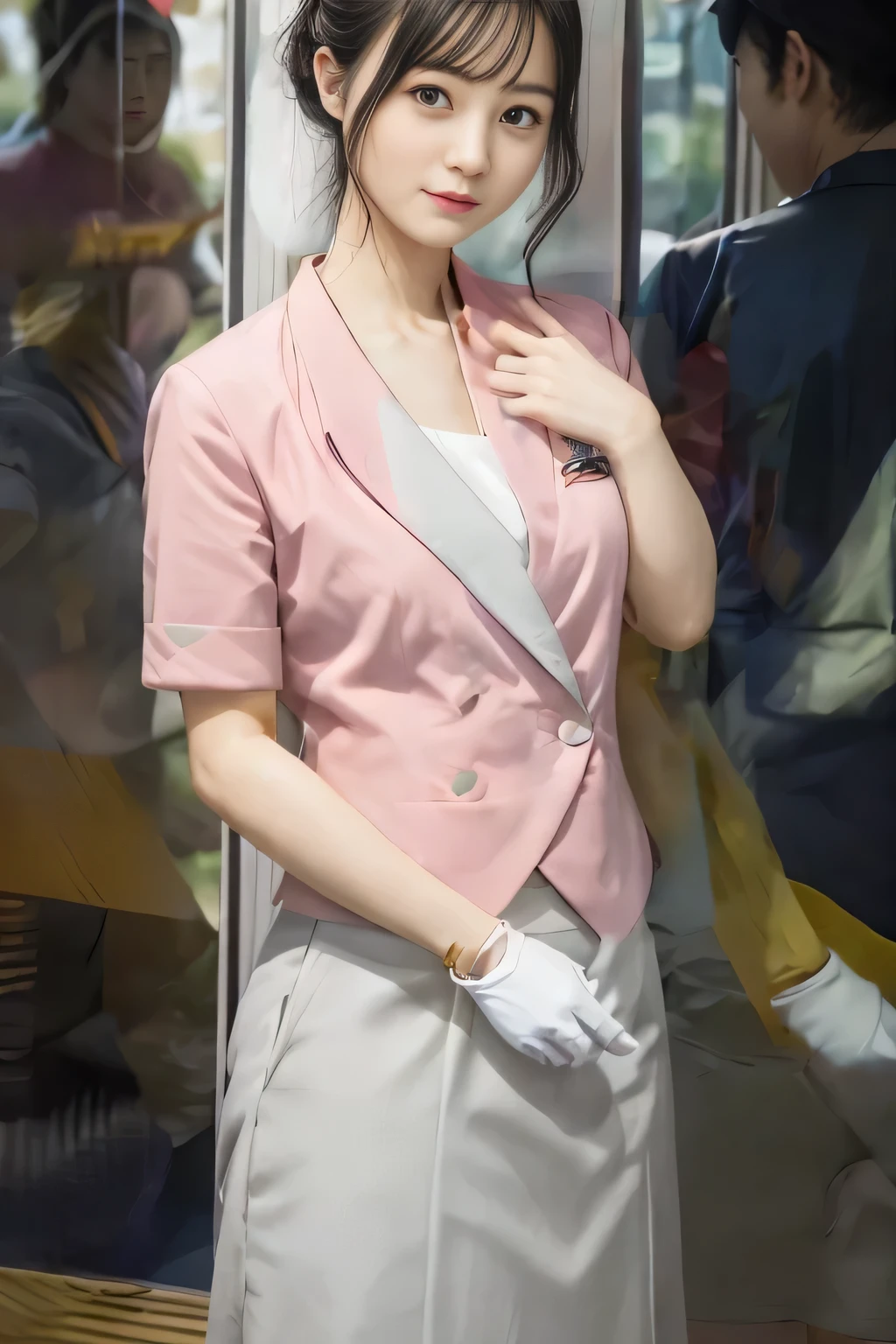 (masterpiece:1.2, Highest quality:1.2), 32k HDR, High resolution, (alone、1 girl)、 (Height: 160cm)、(On the rooftop of a building in the daytime、Professional Lighting)、Building rooftop background、(Nankai train crew uniform pinkを着たリアルスタイル)、(Nankai train crew uniform pink short sleeve collarless pink jacket、Nankai Train Crew Uniform Pink Collarless Short Sleeve Blouse、Nankai Train Crew Uniform Pink Grey Knee-length Culottes)、(The pink jacket is showing from the culottes.)、Dark brown hair、(Hair tied up、Hair tied up、Evening curly hairstyle)、Dark brown hair、Long Shot、Big Breasts、Thin legs、((Great hands:2.0)),((Harmonious body proportions:1.5)),((Normal limbs:2.0)),((Normal finger:2.0)),((Delicate eyes:2.0)),((Normal eyes:2.0)))、smile、(Nankai Train Crew Uniform Pink Grey Knee-length Culottesを見せた美しい歩く姿)、Place your hands around your stomach、Lanyard employee ID card
