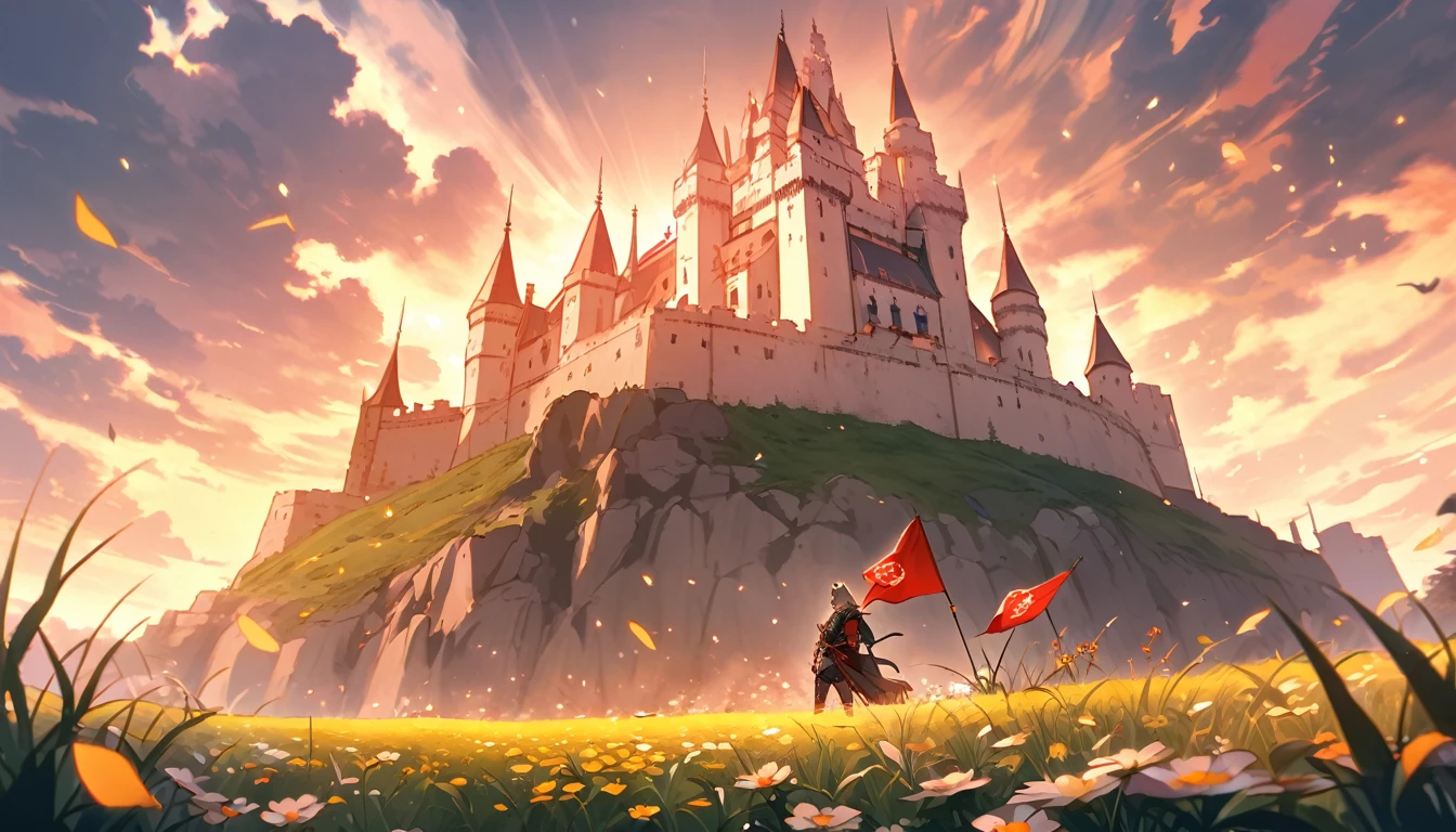 Big castle, red flag, wolf icon, bright atmosphere, soaked with flowers and grass.